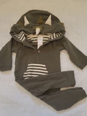 Triceratops hooded footless baby romper in olive green